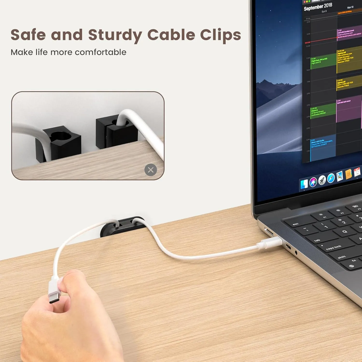 10 Hole Cord Organizer Cable Clips [1s Slide Lock] Cord Holder, Cable Management, Adhesive Phone Charging Keeper Wire Cord Holder for Nightstand/Car/Wall, Home Office/Desk Accessories-Black