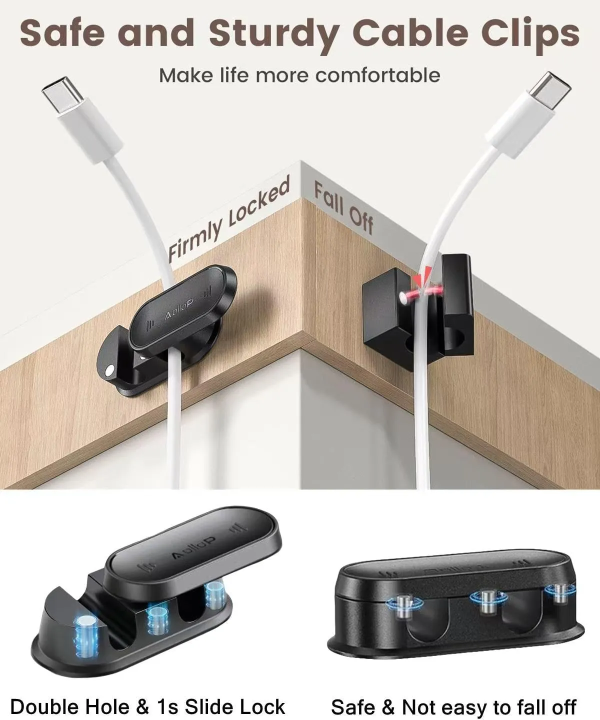 10 Hole Cord Organizer Cable Clips [1s Slide Lock] Cord Holder, Cable Management, Adhesive Phone Charging Keeper Wire Cord Holder for Nightstand/Car/Wall, Home Office/Desk Accessories-Black