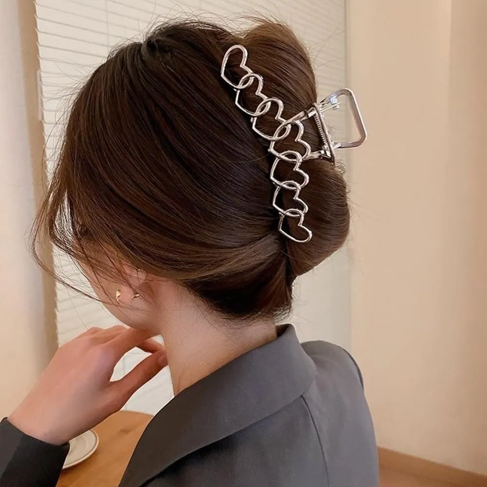 1Pack Large Metal Heart-Shape Hair Clips - Y2k Sliver Hollow Jaw Clips with Strong Hold for Thick Long Hair - Valentine's Day Hair Accessories for Women Girls