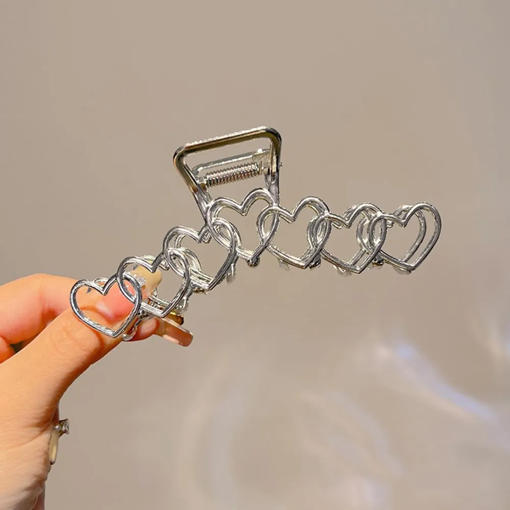 1Pack Large Metal Heart-Shape Hair Clips - Y2k Sliver Hollow Jaw Clips with Strong Hold for Thick Long Hair - Valentine's Day Hair Accessories for Women Girls