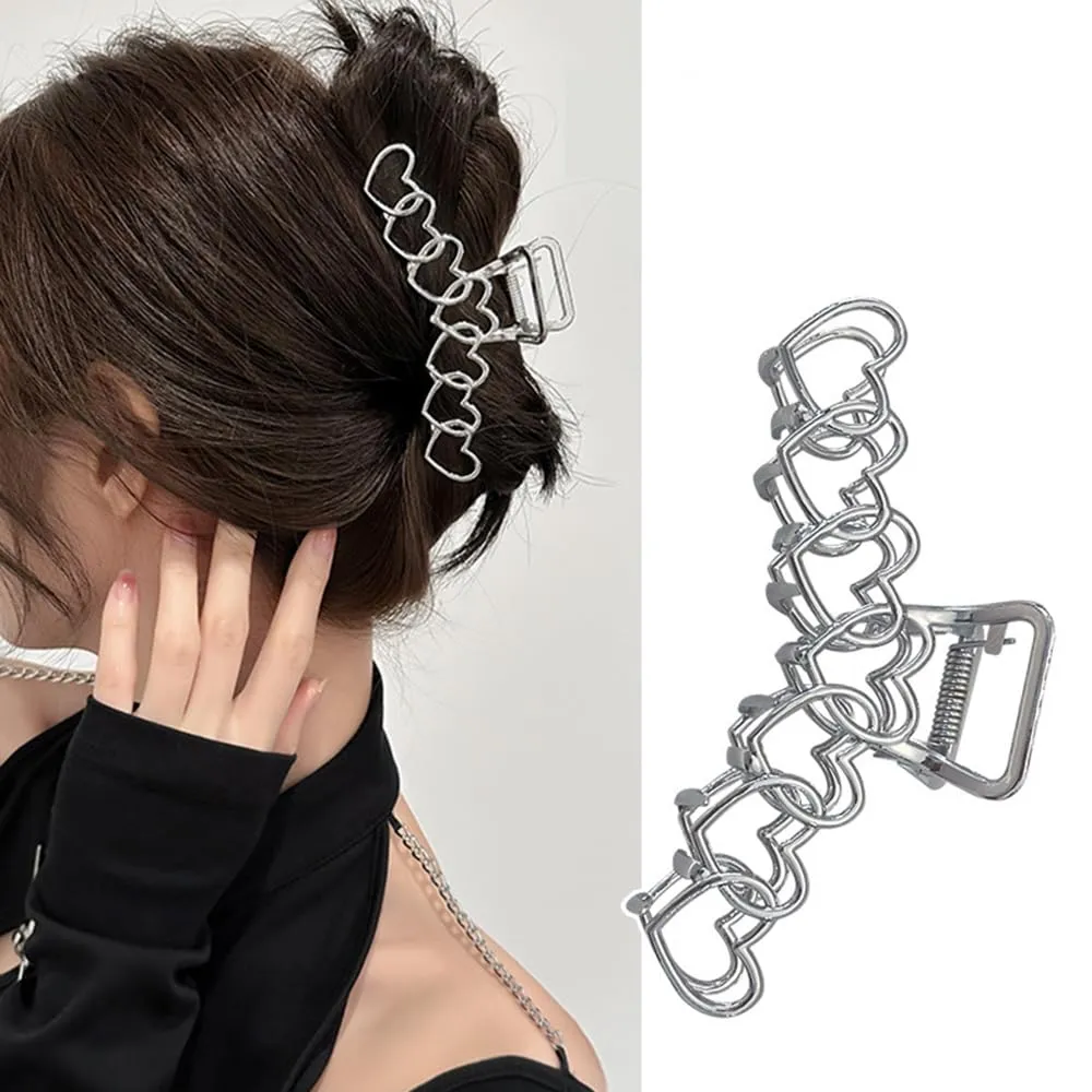 1Pack Large Metal Heart-Shape Hair Clips - Y2k Sliver Hollow Jaw Clips with Strong Hold for Thick Long Hair - Valentine's Day Hair Accessories for Women Girls