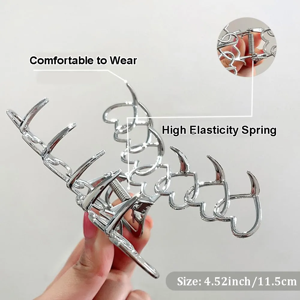 1Pack Large Metal Heart-Shape Hair Clips - Y2k Sliver Hollow Jaw Clips with Strong Hold for Thick Long Hair - Valentine's Day Hair Accessories for Women Girls