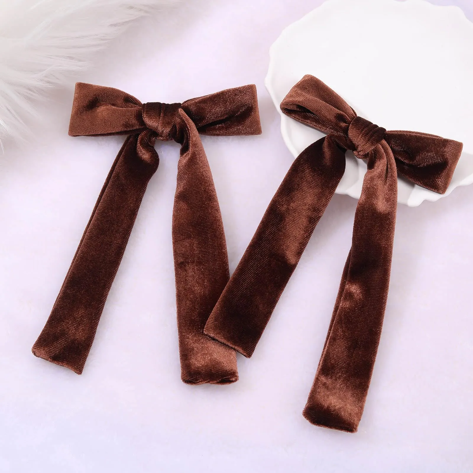 2Pcs Long Ribbon Hair Bows for Girls Hair Clip Silk Hair Bow Ribbon Hair Accessories for Baby Toddlers Infant Teens Kids (Brown-Velvet)