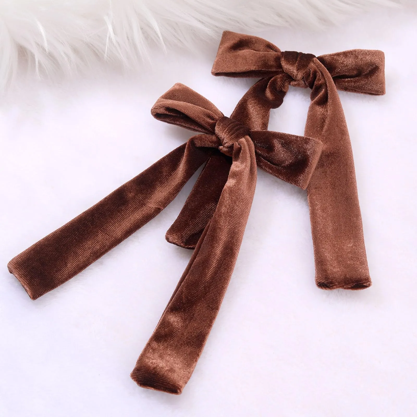 2Pcs Long Ribbon Hair Bows for Girls Hair Clip Silk Hair Bow Ribbon Hair Accessories for Baby Toddlers Infant Teens Kids (Brown-Velvet)