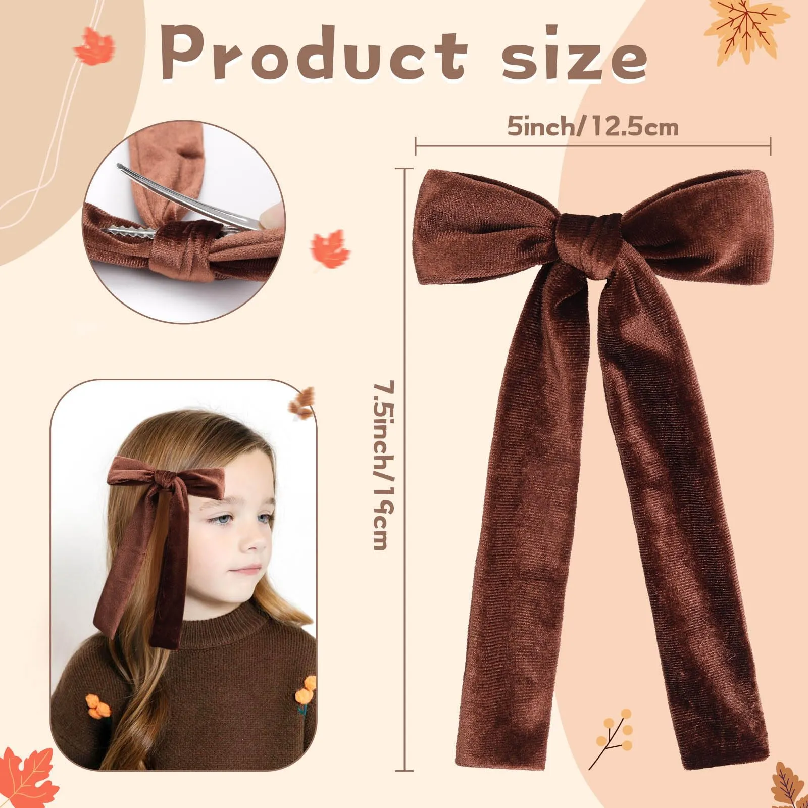 2Pcs Long Ribbon Hair Bows for Girls Hair Clip Silk Hair Bow Ribbon Hair Accessories for Baby Toddlers Infant Teens Kids (Brown-Velvet)