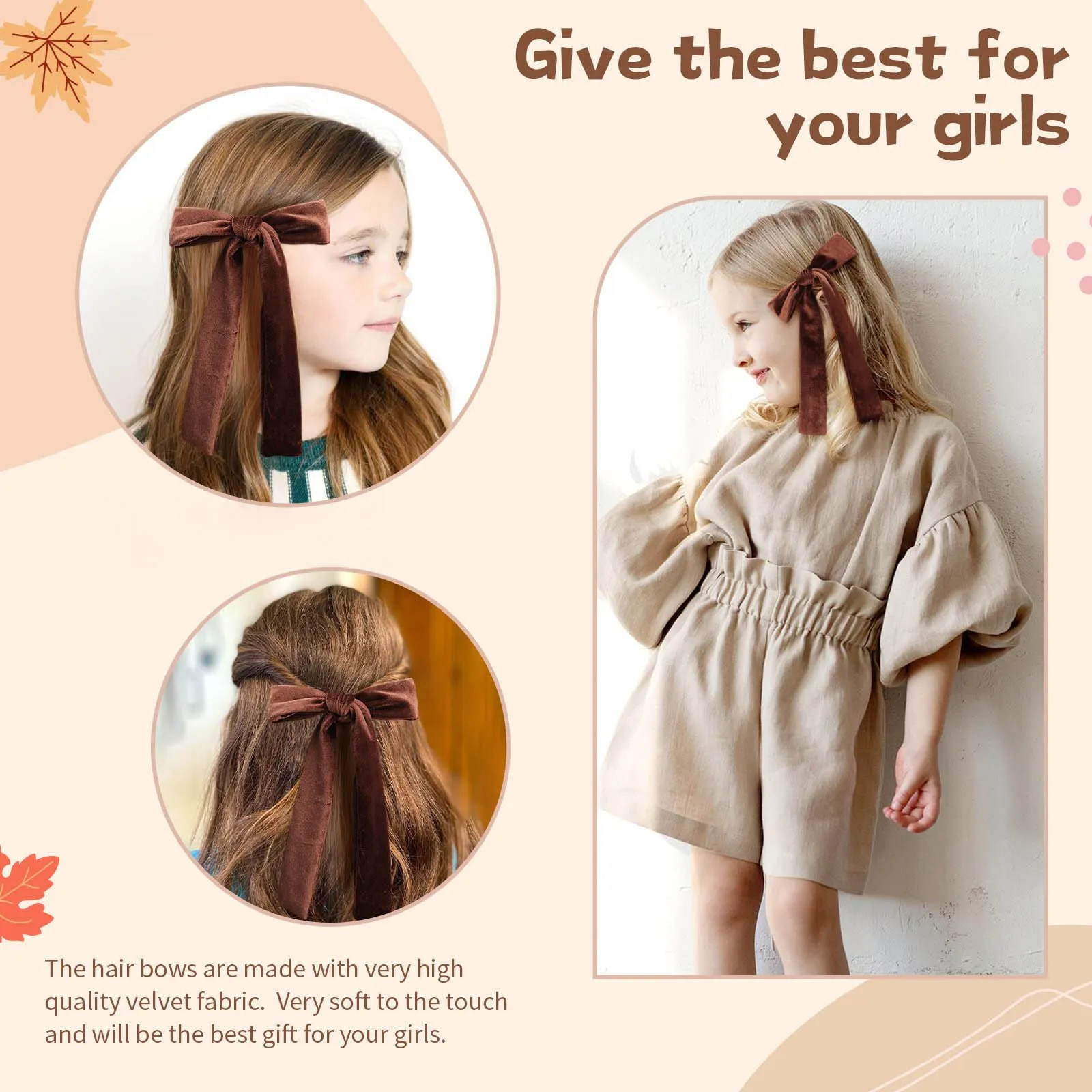 2Pcs Long Ribbon Hair Bows for Girls Hair Clip Silk Hair Bow Ribbon Hair Accessories for Baby Toddlers Infant Teens Kids (Brown-Velvet)