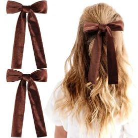 2Pcs Long Ribbon Hair Bows for Girls Hair Clip Silk Hair Bow Ribbon Hair Accessories for Baby Toddlers Infant Teens Kids (Brown-Velvet)