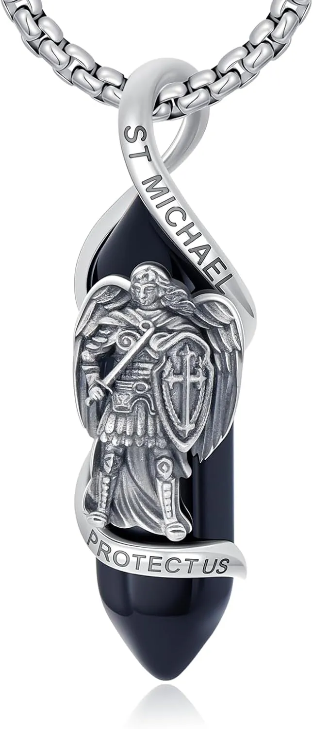 3D Mens Saint Michael Pendant Necklace, 925 Sterling Silver Catholic Archangel Michael Pendant with Black Healing Crystal