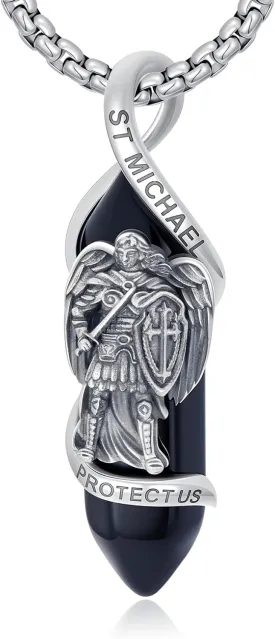 3D Mens Saint Michael Pendant Necklace, 925 Sterling Silver Catholic Archangel Michael Pendant with Black Healing Crystal