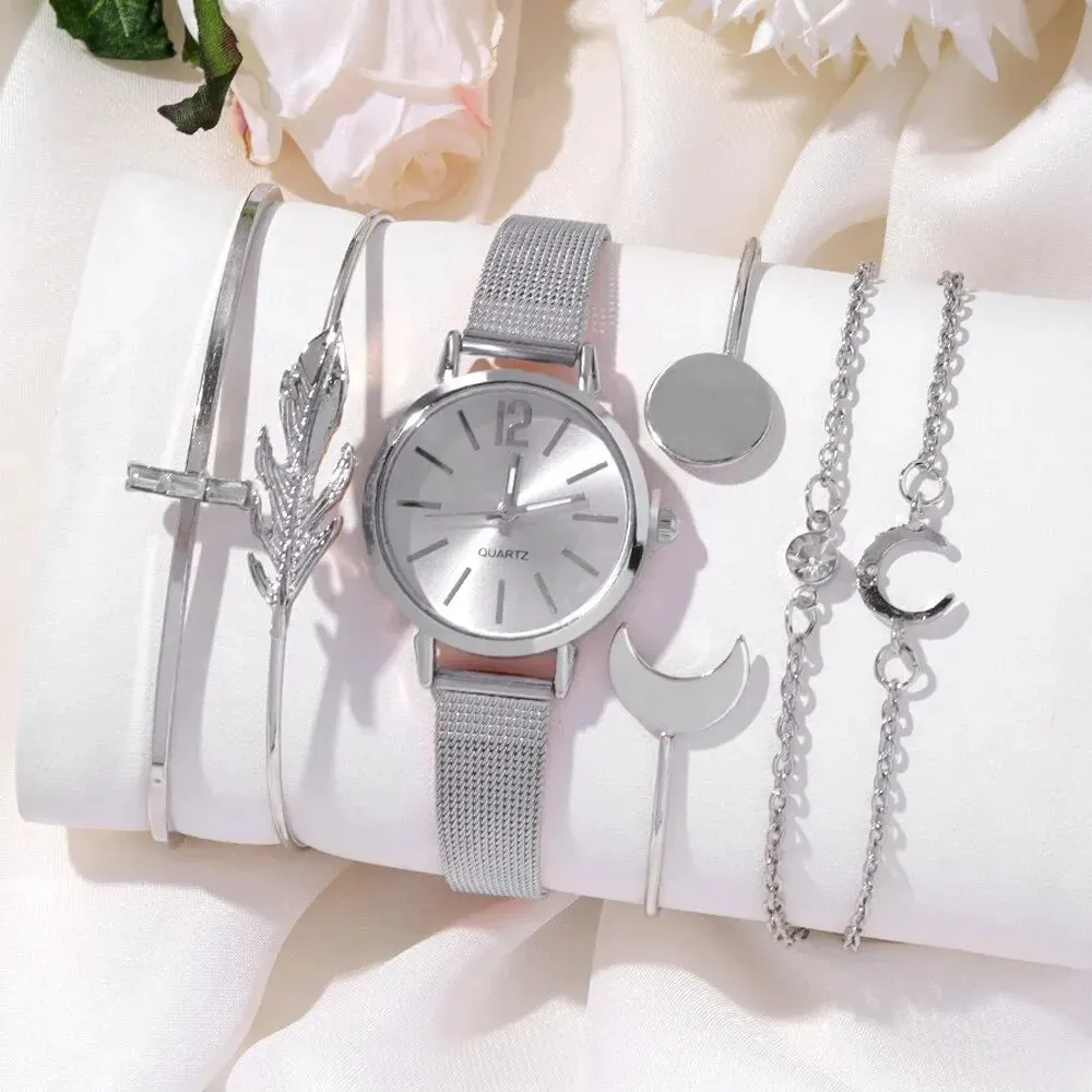 6PCS Fashionable & Minimalist Women's Circular Mesh Quartz Wristwatch & Bracelet Set | Stylish & Versatile