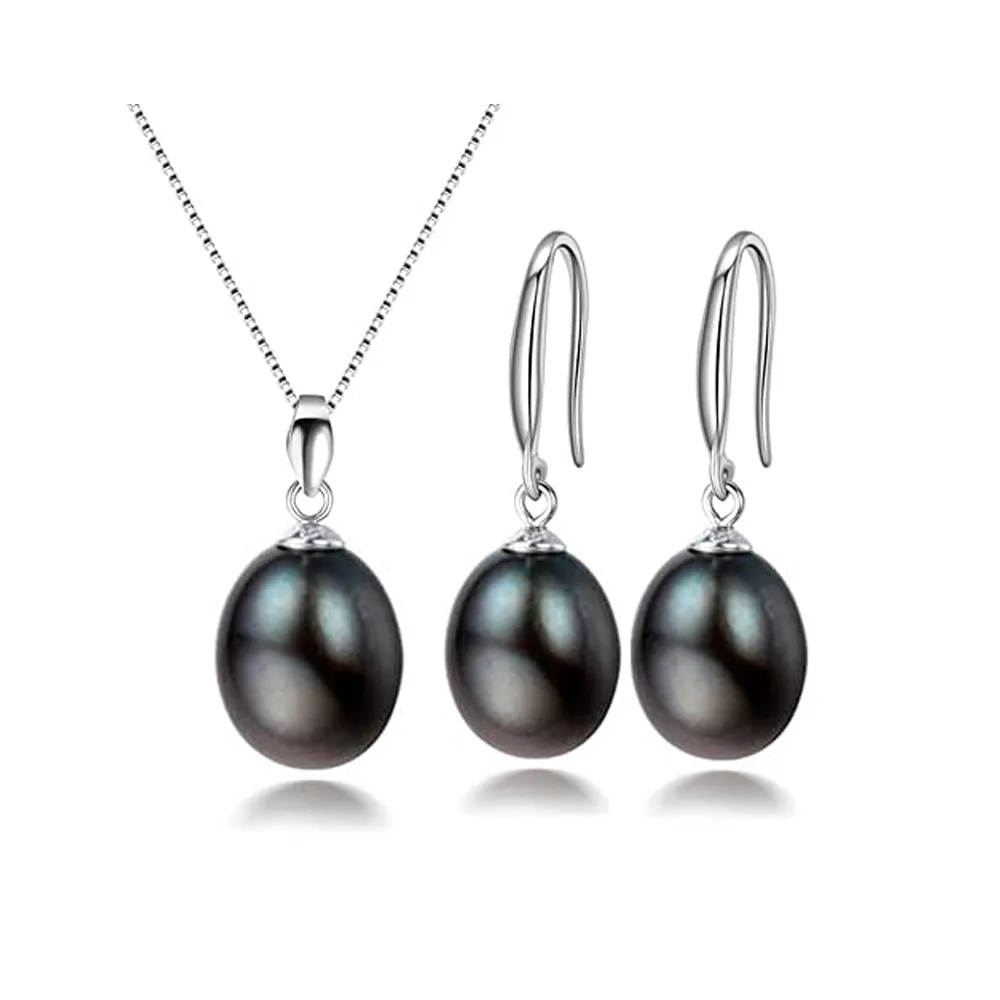 925 Silver AA Grade 8-9mm Pearl Pendant and Drop Earrings for Women. Ladies Pearl Jewellery Set