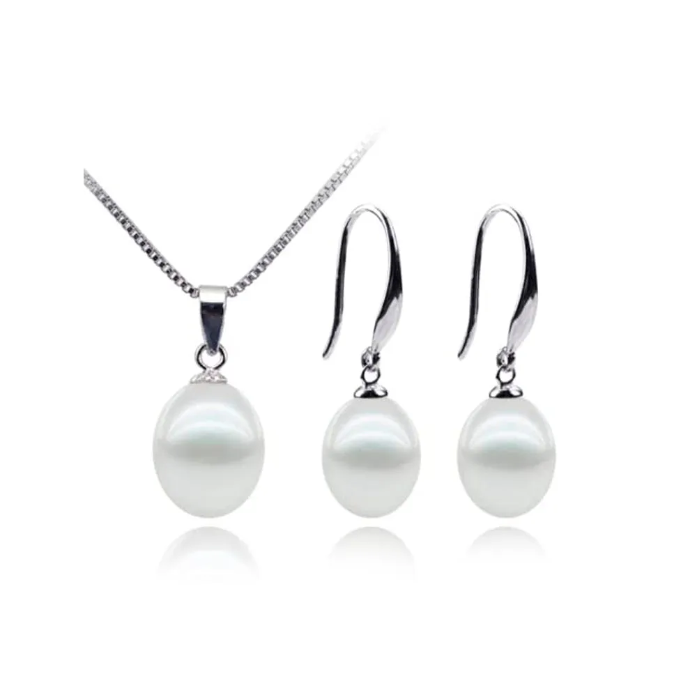 925 Silver AA Grade 8-9mm Pearl Pendant and Drop Earrings for Women. Ladies Pearl Jewellery Set