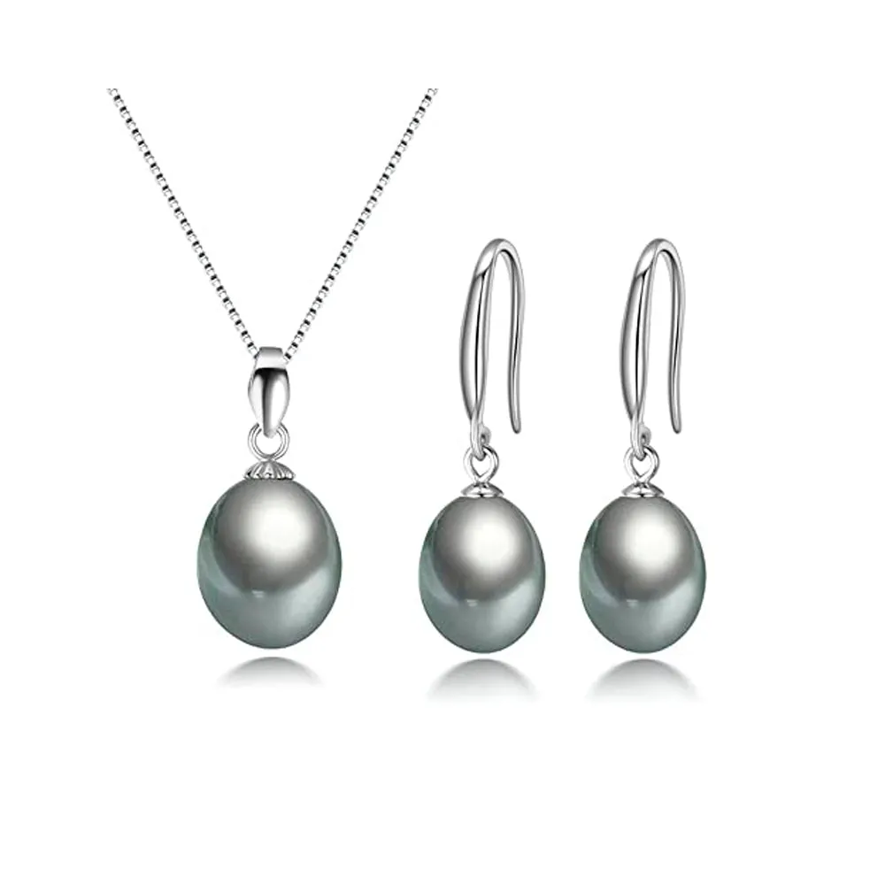 925 Silver AA Grade 8-9mm Pearl Pendant and Drop Earrings for Women. Ladies Pearl Jewellery Set