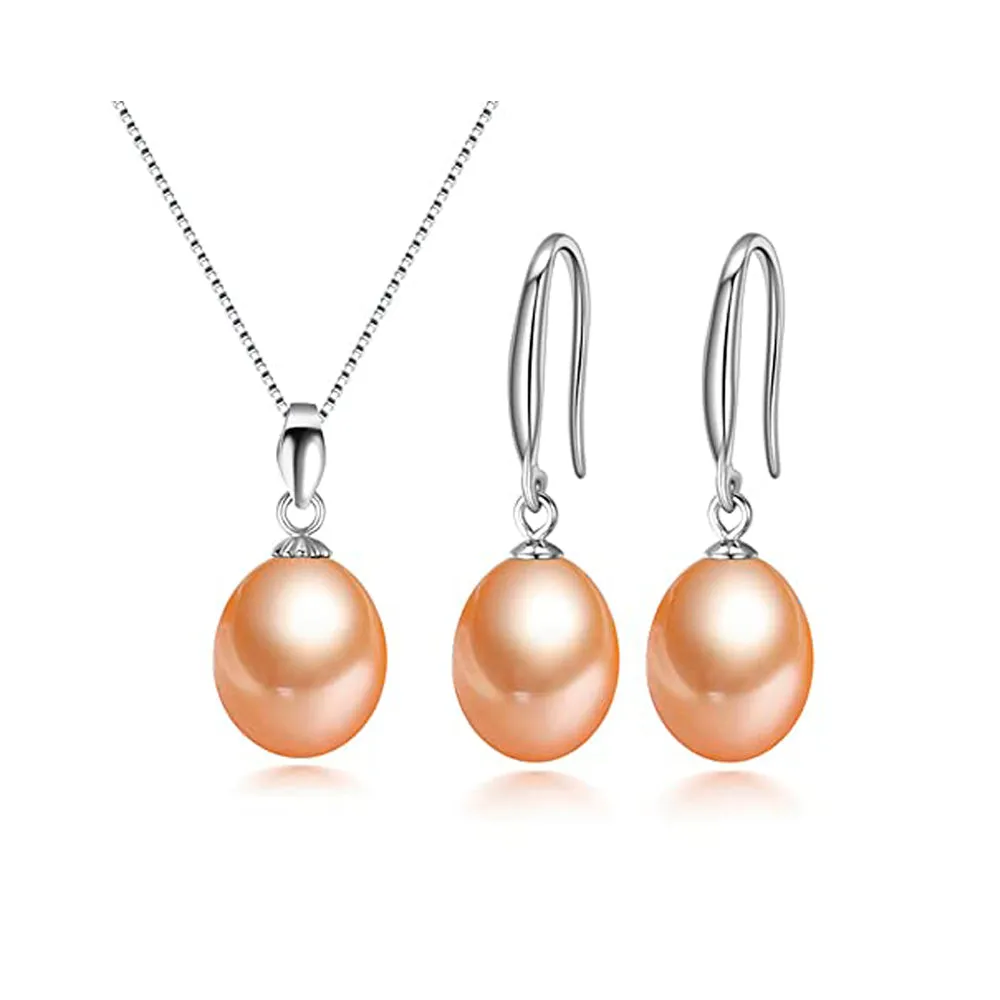 925 Silver AA Grade 8-9mm Pearl Pendant and Drop Earrings for Women. Ladies Pearl Jewellery Set