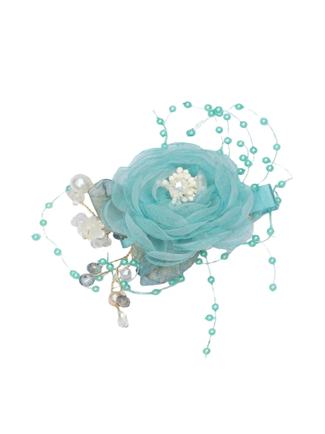 Aquamarine Rose Flower Hair Clip with Beaded Sprays & Crystal Details