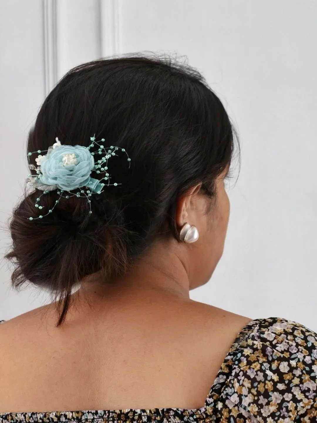 Aquamarine Rose Flower Hair Clip with Beaded Sprays & Crystal Details