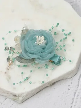 Aquamarine Rose Flower Hair Clip with Beaded Sprays & Crystal Details