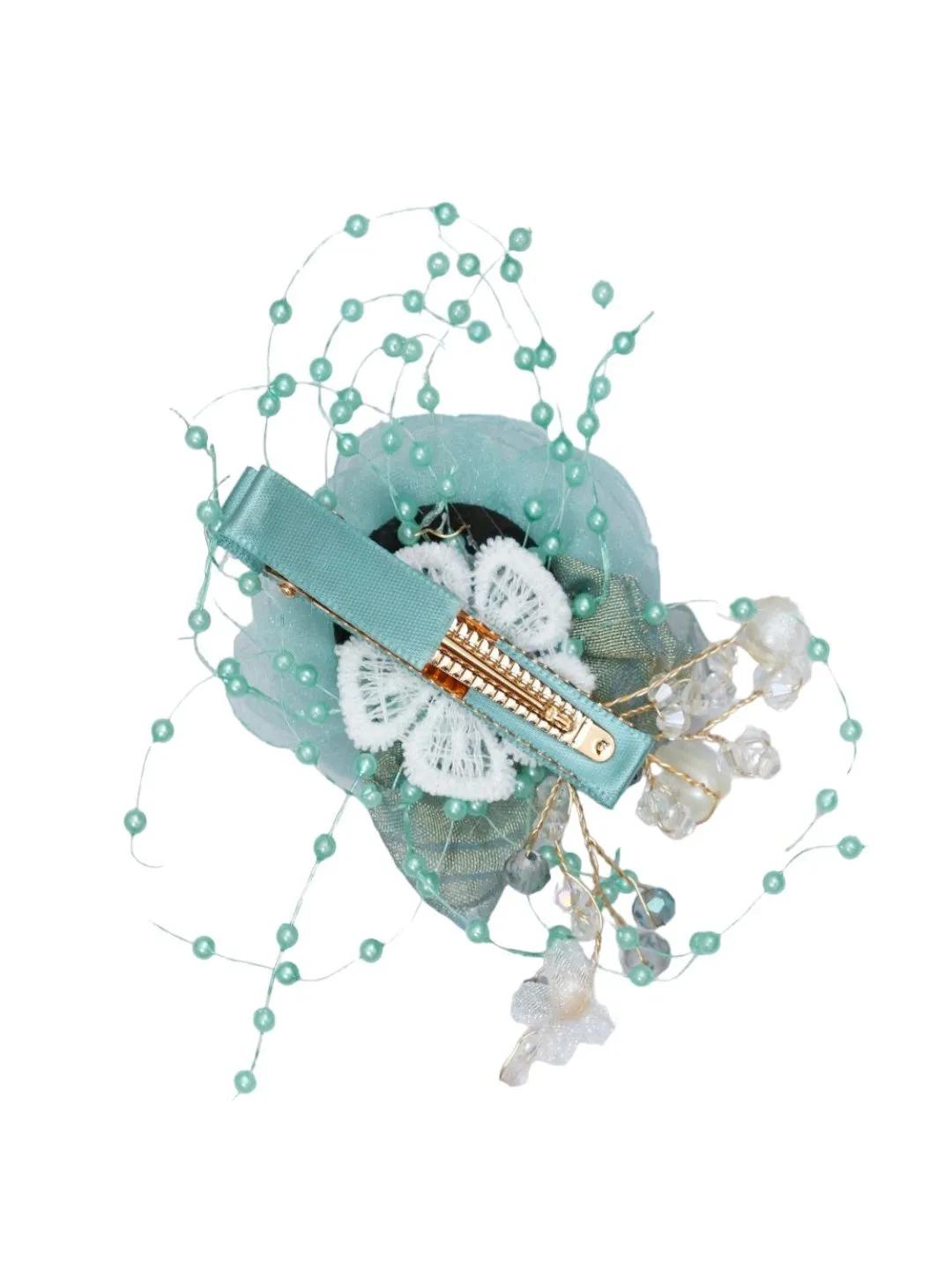 Aquamarine Rose Flower Hair Clip with Beaded Sprays & Crystal Details