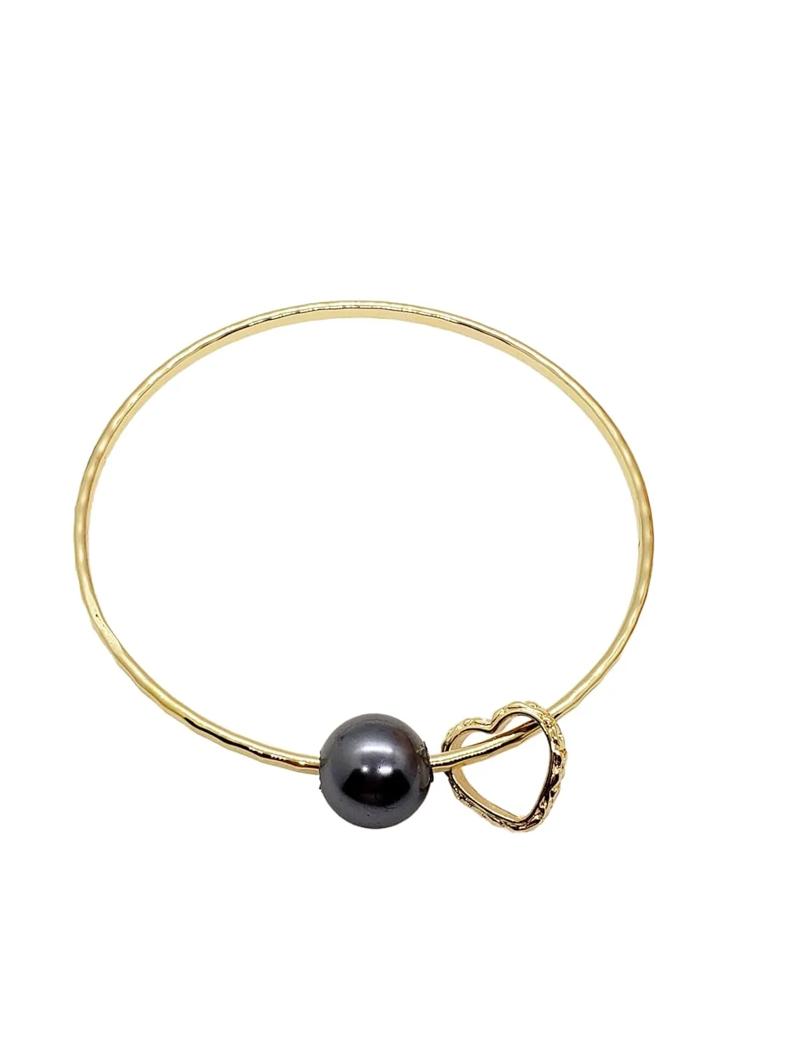 Black Pearl Shell Hawaiian Heart Charm Bangle Bracelet