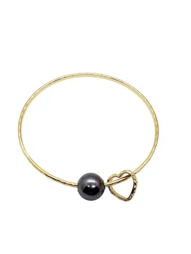 Black Pearl Shell Hawaiian Heart Charm Bangle Bracelet