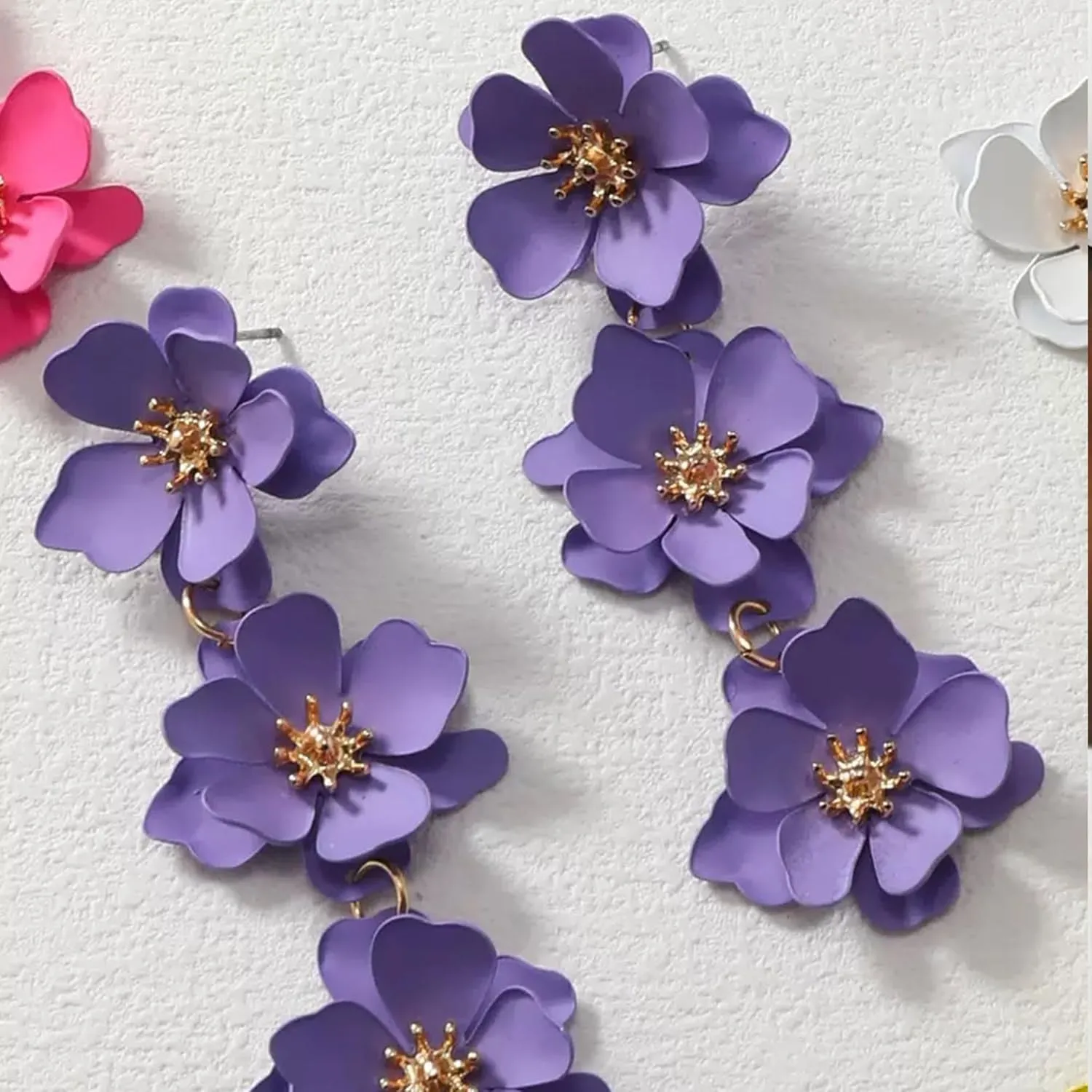 Boho Matte Poppy Floral Petal Drop Dangle Earrings for Women Exaggerated 3 Layer Tassel Flower Floral Petal Tiered Drop Earring Bohemian Tropical Wedding Jewelry