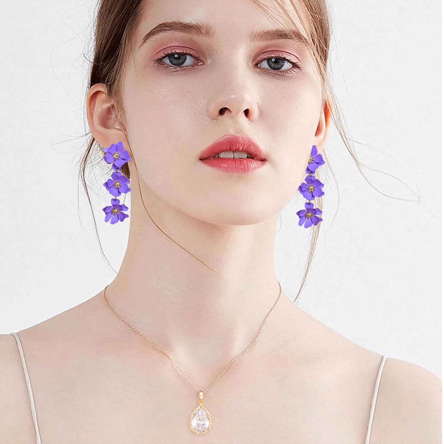 Boho Matte Poppy Floral Petal Drop Dangle Earrings for Women Exaggerated 3 Layer Tassel Flower Floral Petal Tiered Drop Earring Bohemian Tropical Wedding Jewelry