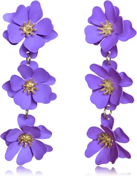 Boho Matte Poppy Floral Petal Drop Dangle Earrings for Women Exaggerated 3 Layer Tassel Flower Floral Petal Tiered Drop Earring Bohemian Tropical Wedding Jewelry