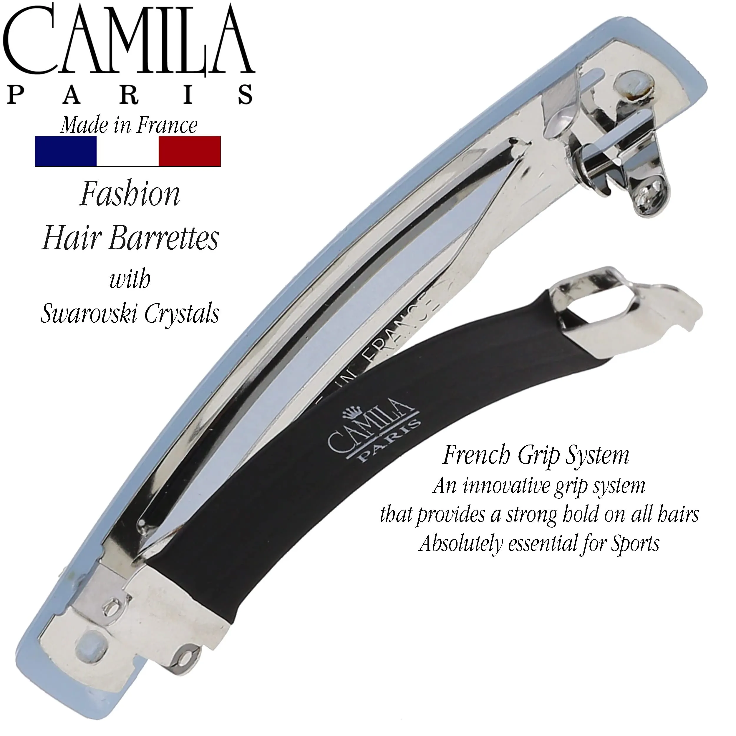 Camila Paris CP3451 French Hair Barrette Clip for Girls Light Blue, Rubberized Metal Clasp Strong Hold Grip Hair Clips for Women, No Slip Durable and Styling Girls Hair Accessories, Made in France