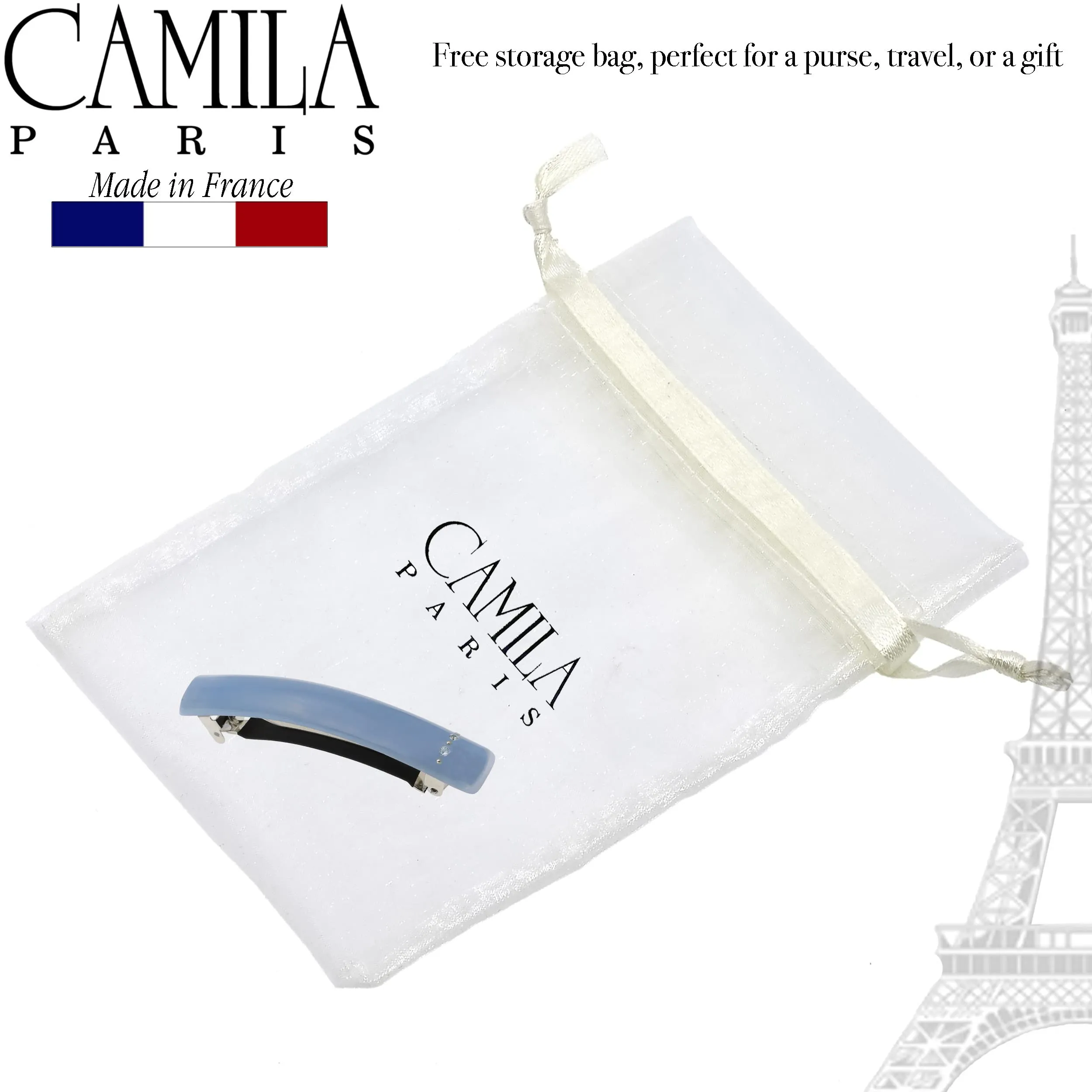 Camila Paris CP3451 French Hair Barrette Clip for Girls Light Blue, Rubberized Metal Clasp Strong Hold Grip Hair Clips for Women, No Slip Durable and Styling Girls Hair Accessories, Made in France