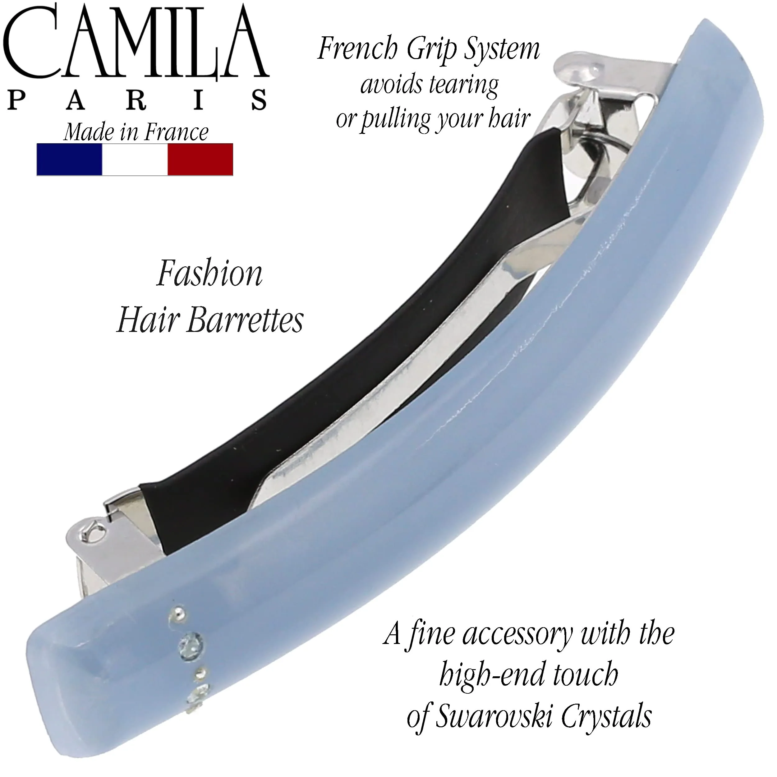 Camila Paris CP3451 French Hair Barrette Clip for Girls Light Blue, Rubberized Metal Clasp Strong Hold Grip Hair Clips for Women, No Slip Durable and Styling Girls Hair Accessories, Made in France