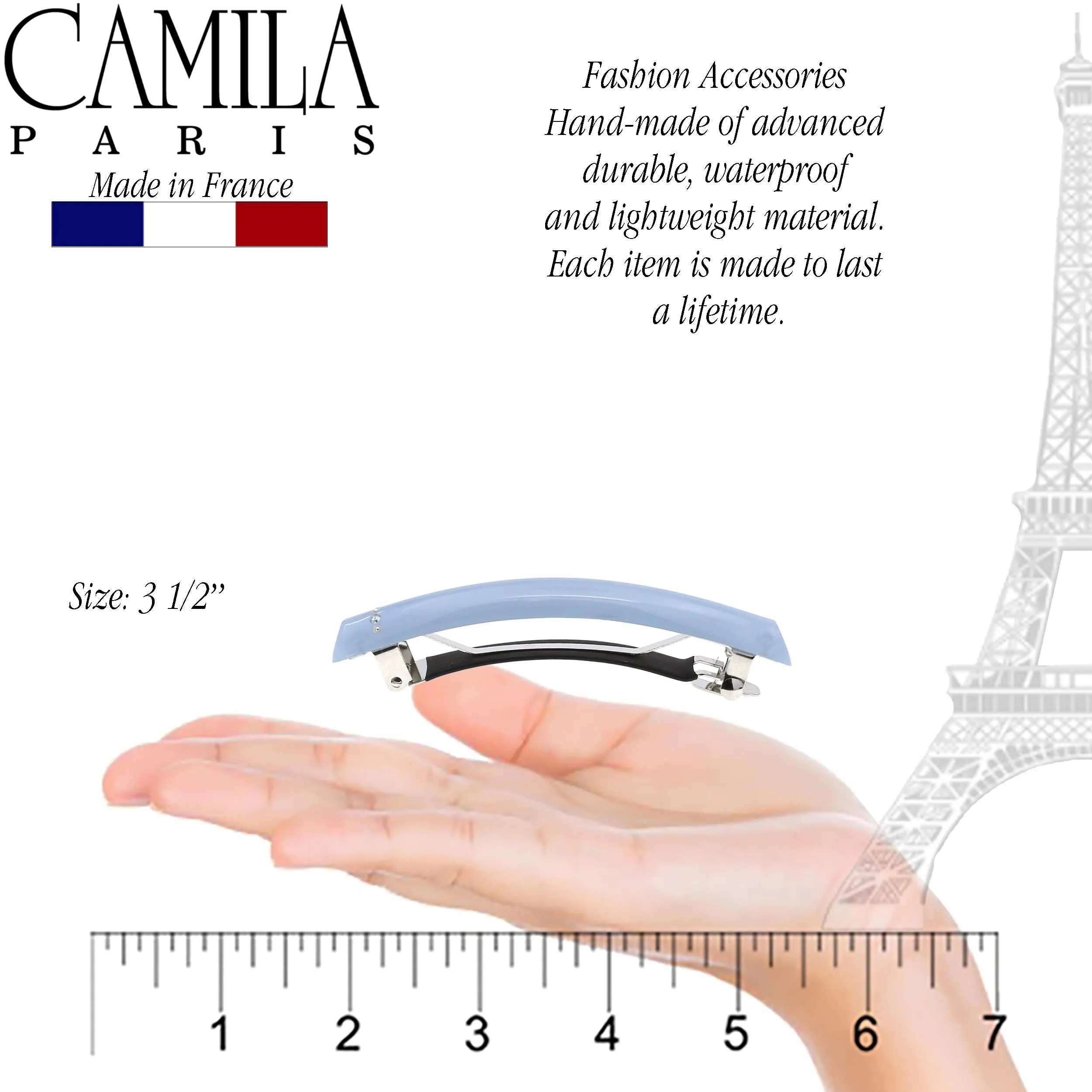 Camila Paris CP3451 French Hair Barrette Clip for Girls Light Blue, Rubberized Metal Clasp Strong Hold Grip Hair Clips for Women, No Slip Durable and Styling Girls Hair Accessories, Made in France
