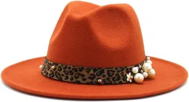 DHAEY Fashion Leopard Texture Pearl Wool Hat Men and Women Jazz Hat Autumn and Winter Versatile Felt Hat Flat Brim Hat with Leopard Belt Luopan Caps & Hats (Color : Caramel, Size : 56-58cm)
