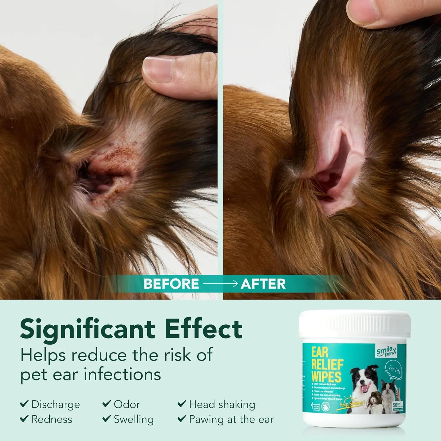 Dog Ear Cleaner Wipes - Dog Ear Infection Treatment Fast Relief from Ear Itching and Inflammation, Cat Ear Wipes Gently Remove Ear Wax Debris and Smelly (50 Pcs, Unscented)
