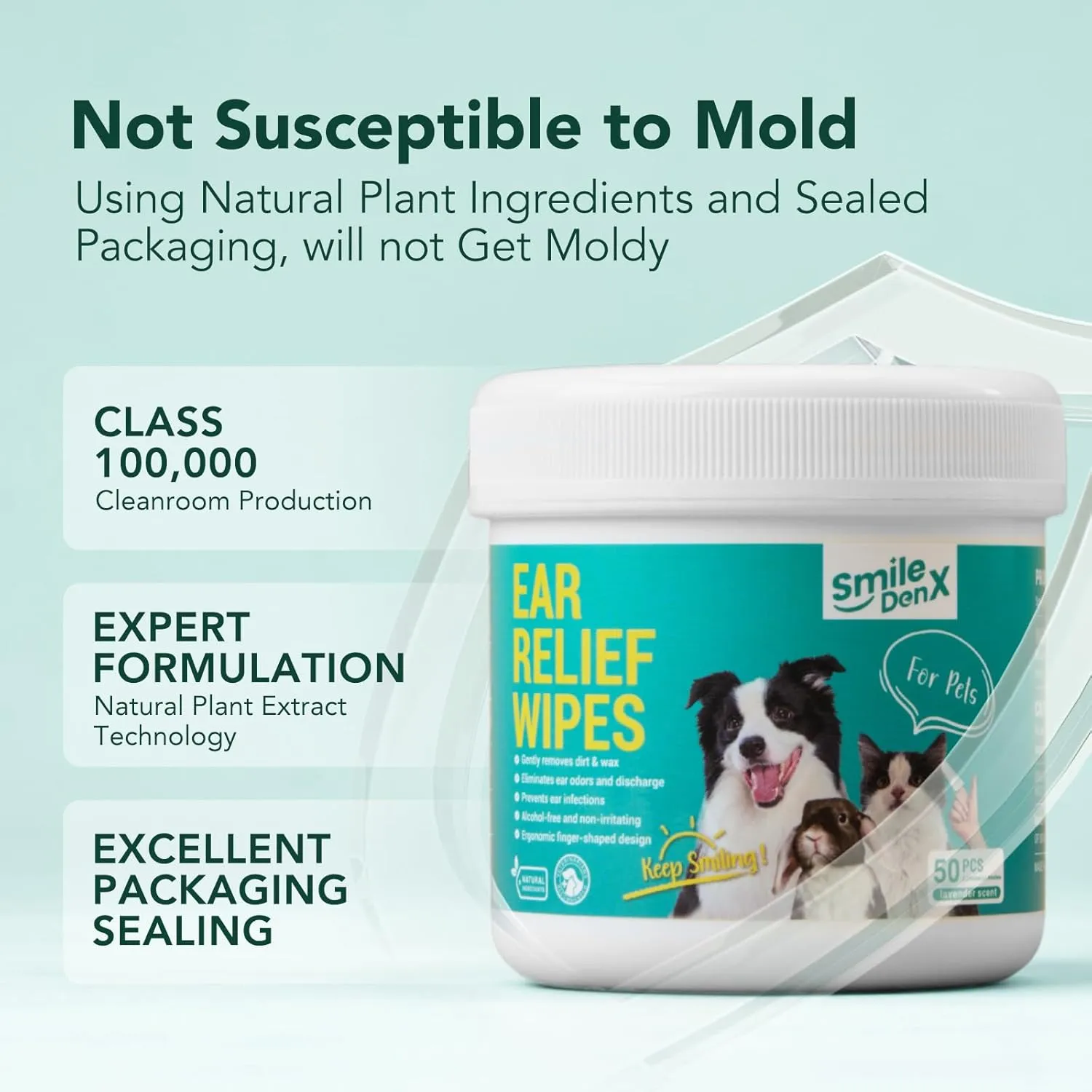 Dog Ear Cleaner Wipes - Dog Ear Infection Treatment Fast Relief from Ear Itching and Inflammation, Cat Ear Wipes Gently Remove Ear Wax Debris and Smelly (50 Pcs, Unscented)