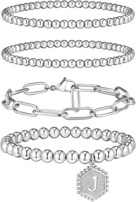 doubgood Gold Bracelets for Women, Stackable Initial Beaded Bracelet with Letter Pendant Stretch Trendy Stack Jewelry Set for Mother's Day Valentines Birthday Gifts for Her