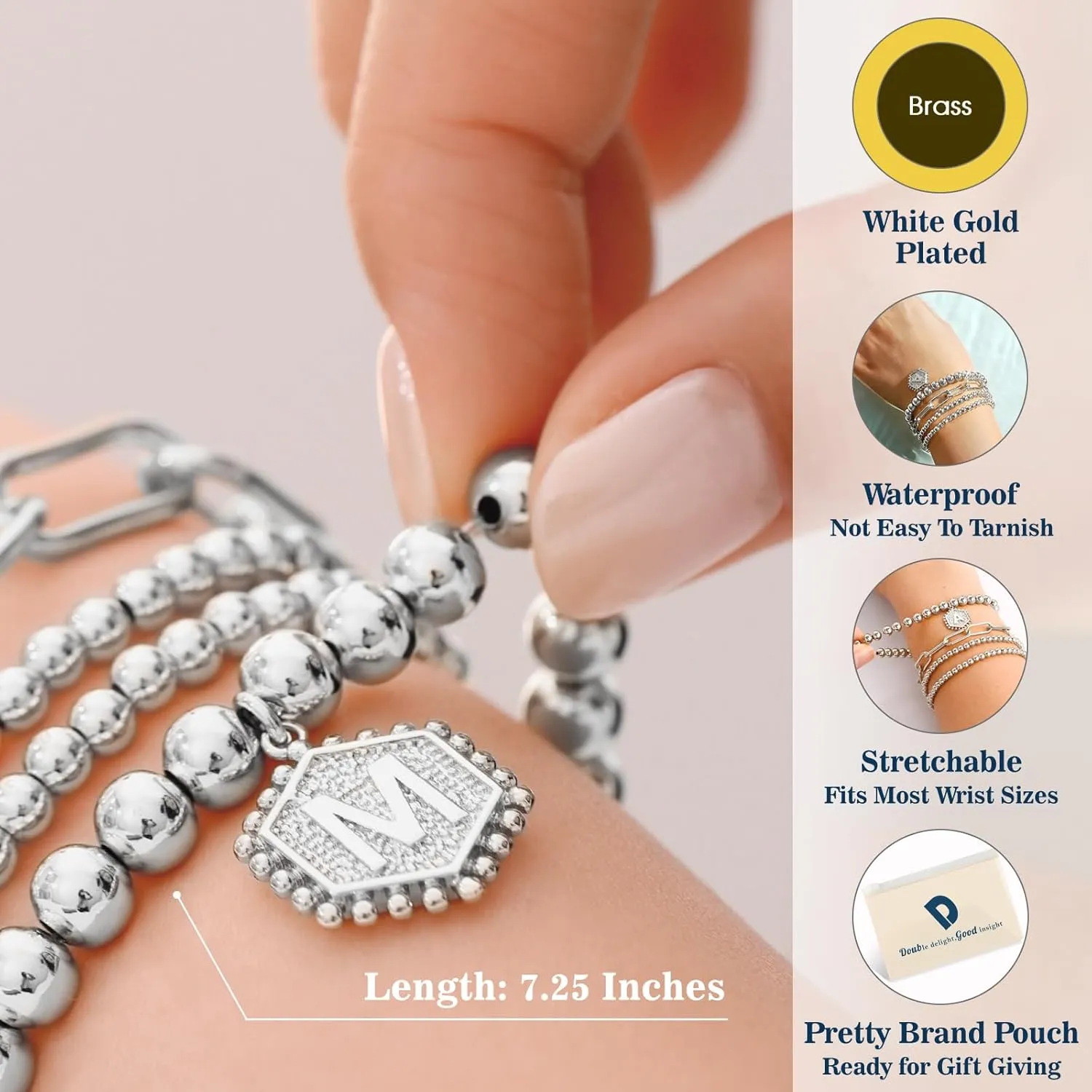 doubgood Gold Bracelets for Women, Stackable Initial Beaded Bracelet with Letter Pendant Stretch Trendy Stack Jewelry Set for Mother's Day Valentines Birthday Gifts for Her