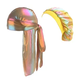 Durags and Bonnets 2pcs/Set for Men Women 360 Wave, Long Tail Silky Doo rag and Turban Sleep Cap