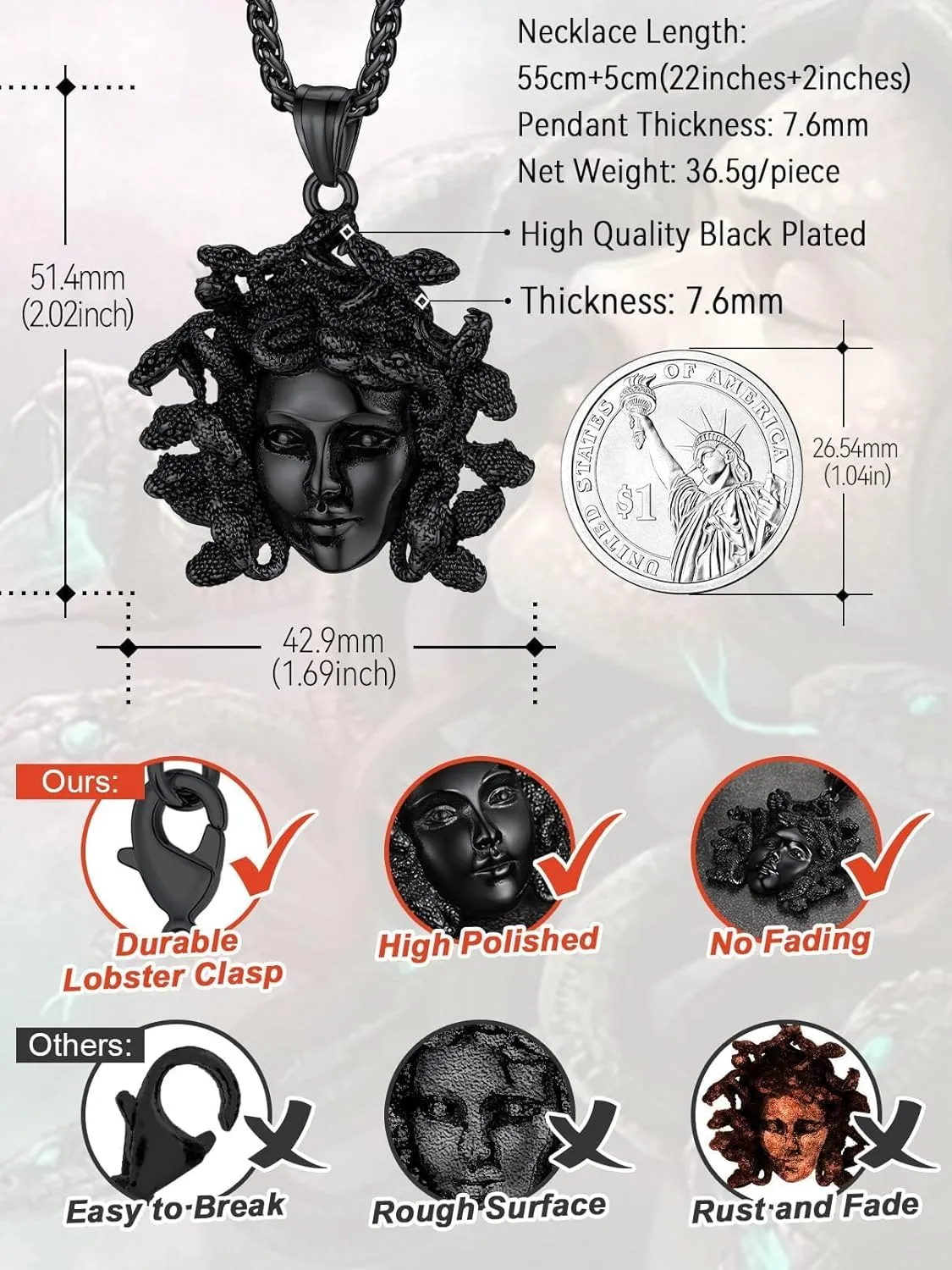 FaithHeart Medusa Pendant Necklace for Women Men, Stainless Steel/18K Gold Plated Ancient Greece Jewelry Customizable Delicate Gift Packaging