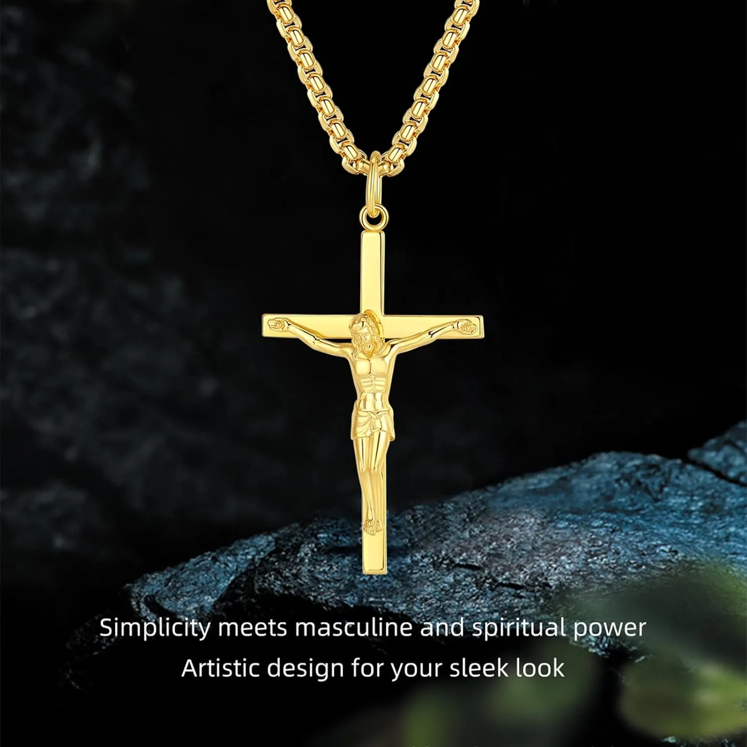 FANCIME Crucifix Cross Necklace Polished Crucifix Necklace Sterling Silver Fine Jewelry Gifts for Him Men, Strong Stainless Steel Box Chain Length 24 Inch