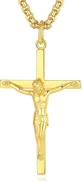 FANCIME Crucifix Cross Necklace Polished Crucifix Necklace Sterling Silver Fine Jewelry Gifts for Him Men, Strong Stainless Steel Box Chain Length 24 Inch