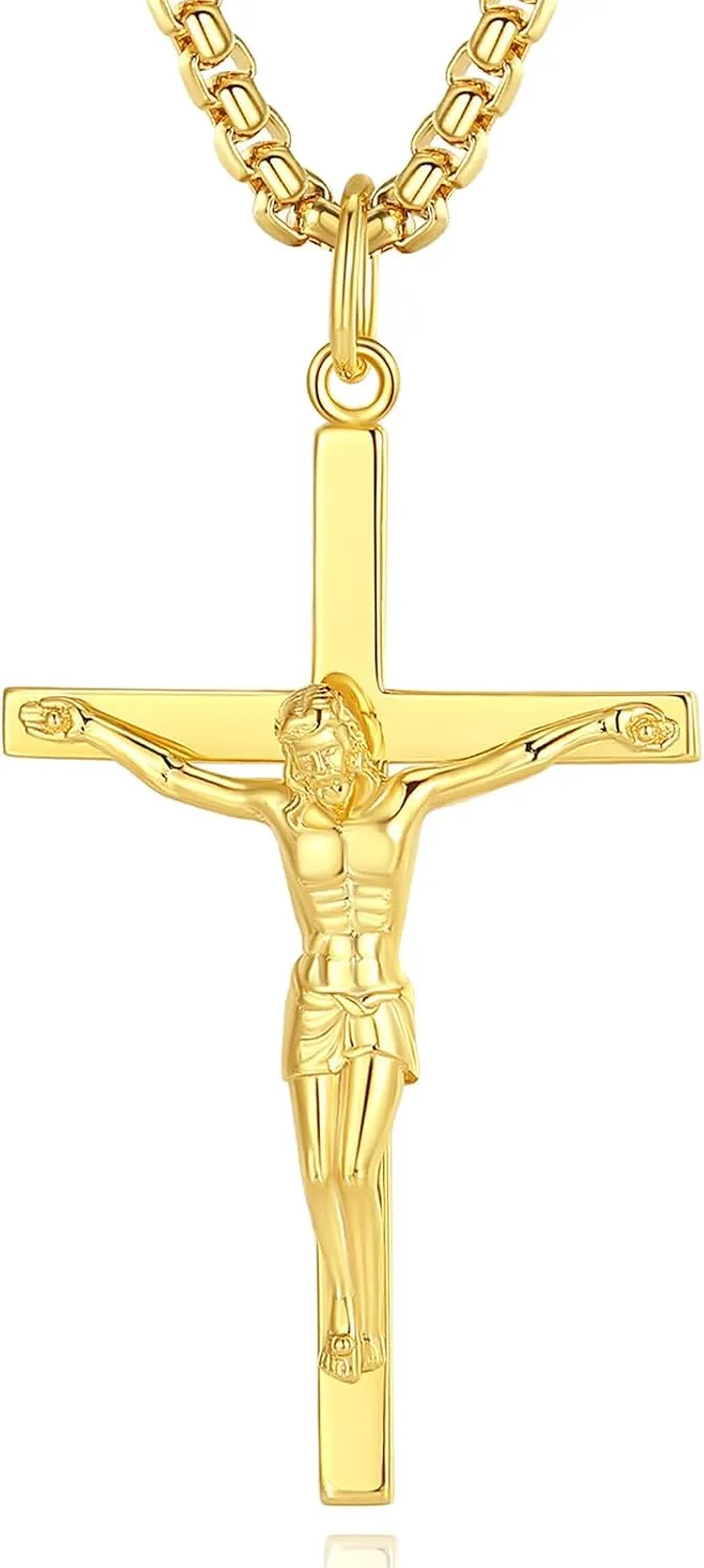 FANCIME Crucifix Cross Necklace Polished Crucifix Necklace Sterling Silver Fine Jewelry Gifts for Him Men, Strong Stainless Steel Box Chain Length 24 Inch