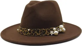 Fashion Leopard Texture Pearl Wool Hat Men and Women Jazz Hat Autumn and Winter Versatile Felt Hat Flat Brim Hat with Leopard Belt Luopan Caps & Hats (Color : Dark Coffee, Size : 59-61cm)