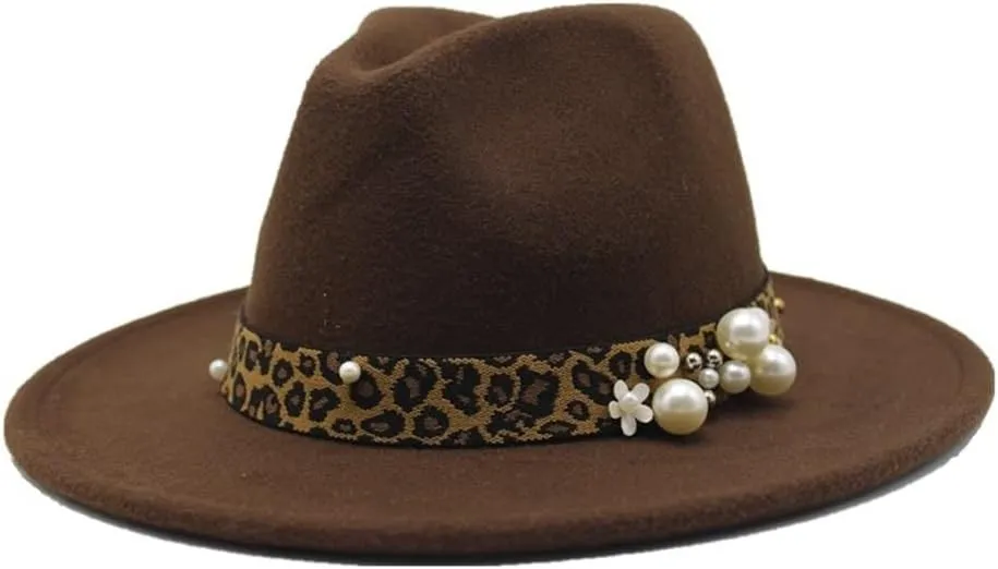 Fashion Leopard Texture Pearl Wool Hat Men and Women Jazz Hat Autumn and Winter Versatile Felt Hat Flat Brim Hat with Leopard Belt Luopan Caps & Hats (Color : Dark Coffee, Size : 59-61cm)