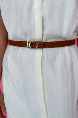 Faux Leather Slim Turn Lock Buckle Waist Belt in Light Brown