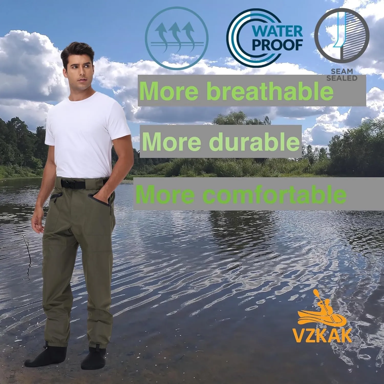 Fishing Waders for Men and Women,Wading Pants with Neoprene Stocking Foot,Fishing Waist Waders Pants with Pockets