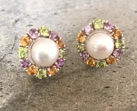 Flower Pearl Earrings - White Flower Earrings - Colorful Vintage Earrings