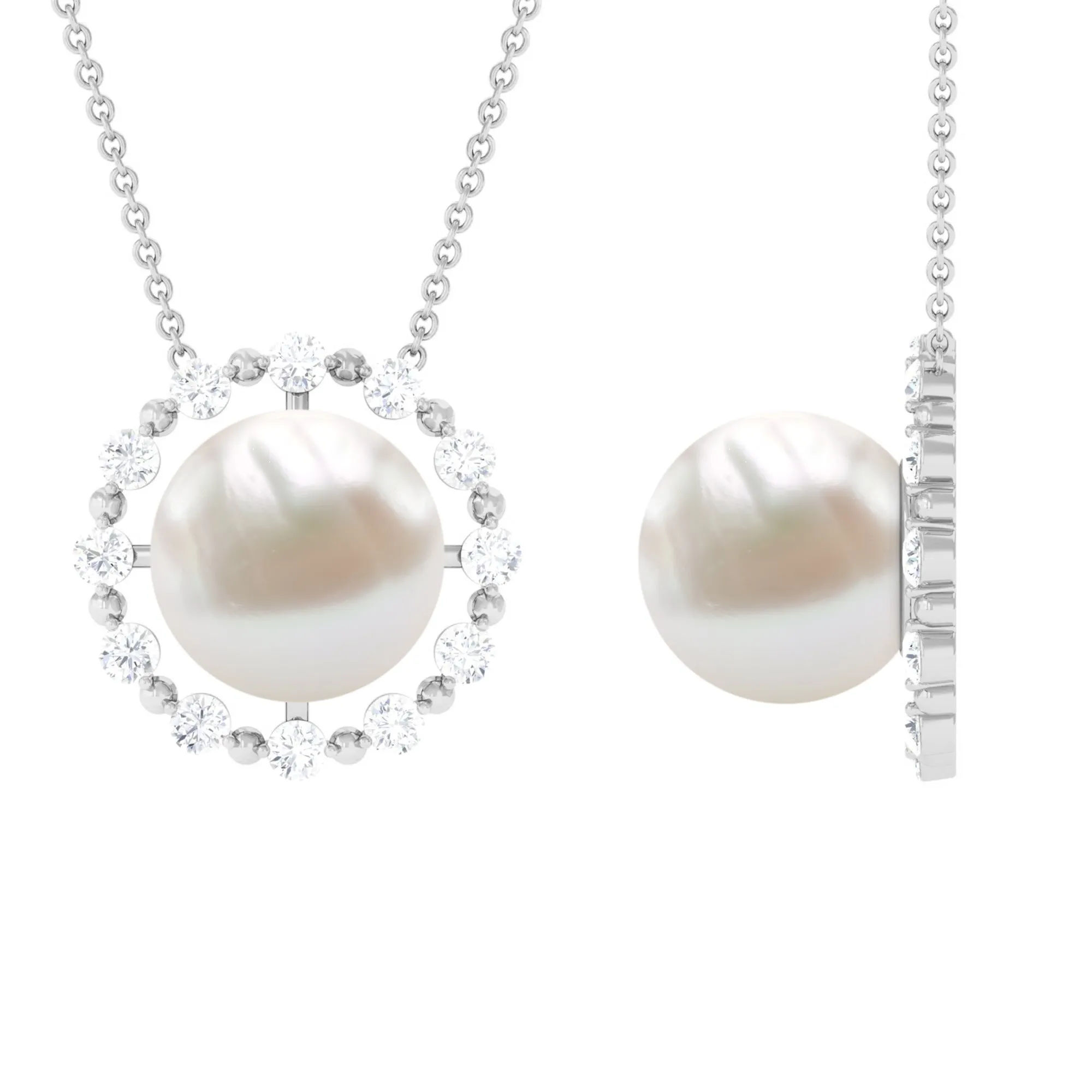 Freshwater Pearl Solitaire Necklace with Diamond Halo
