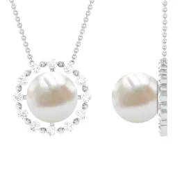 Freshwater Pearl Solitaire Necklace with Diamond Halo