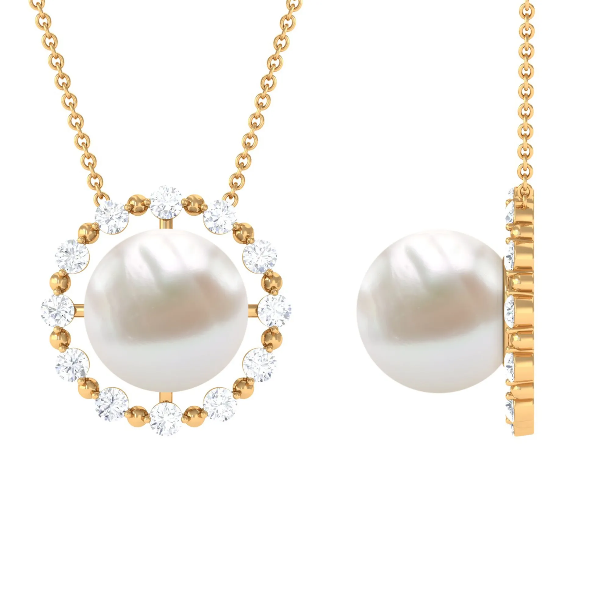 Freshwater Pearl Solitaire Necklace with Diamond Halo