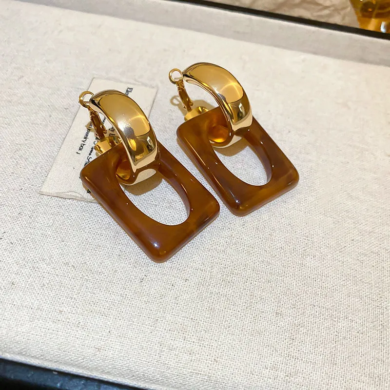 Gold Brown Resin Geometric Drop Earrings